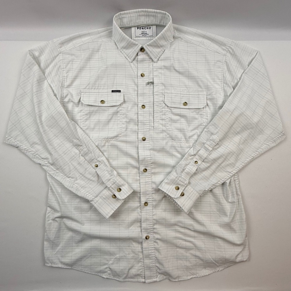 Poncho Outdoors Mens Large Regular Fit Magnetic Pocket Fishing Shirt White Gray